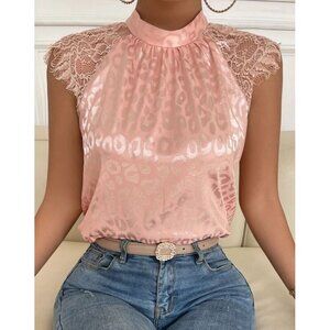 Leopard Elegant Dusty Pink Contrast Lace Satin Blouse